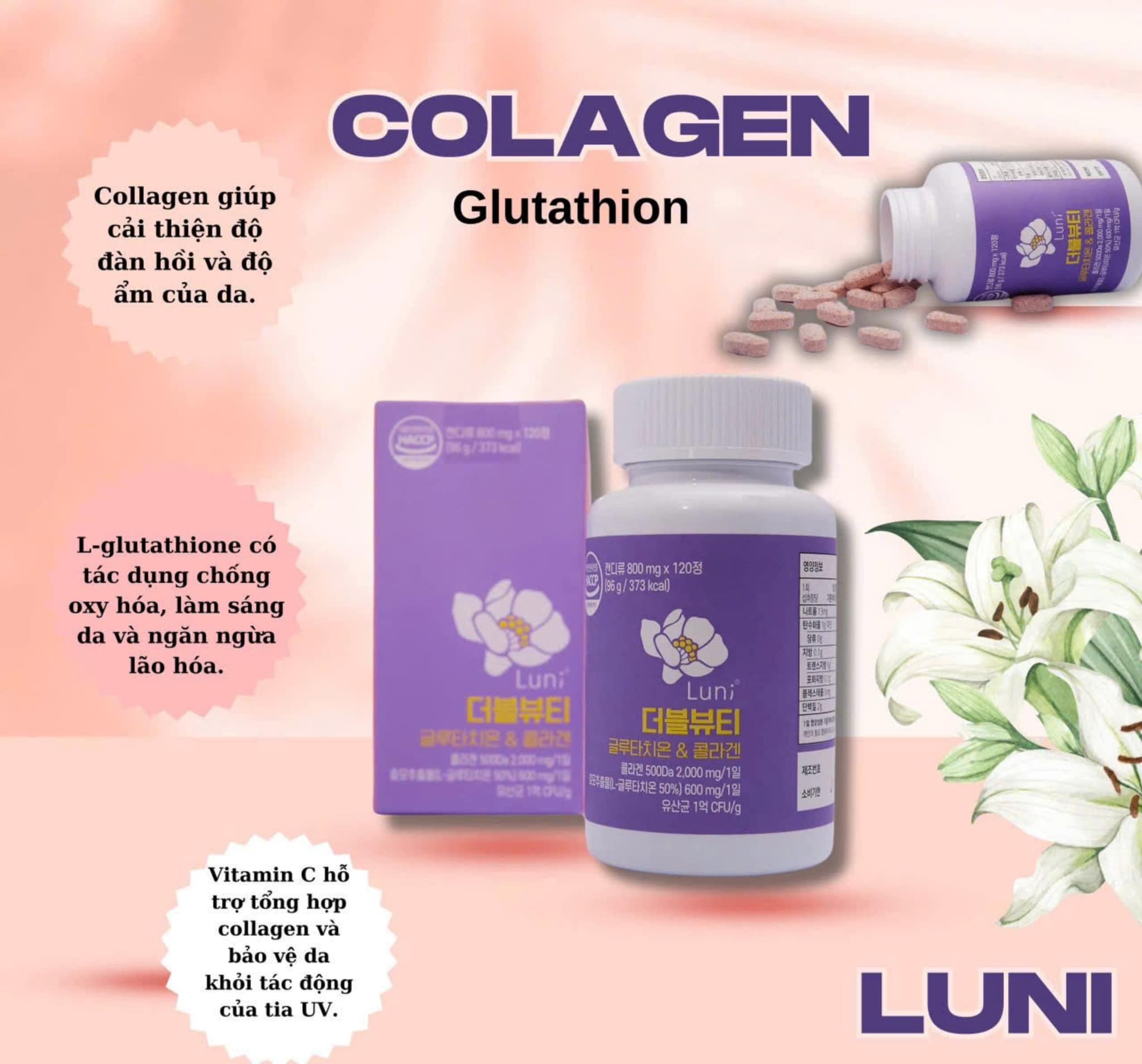 Viên uống trắng da Glutathion và Colagen LUNI